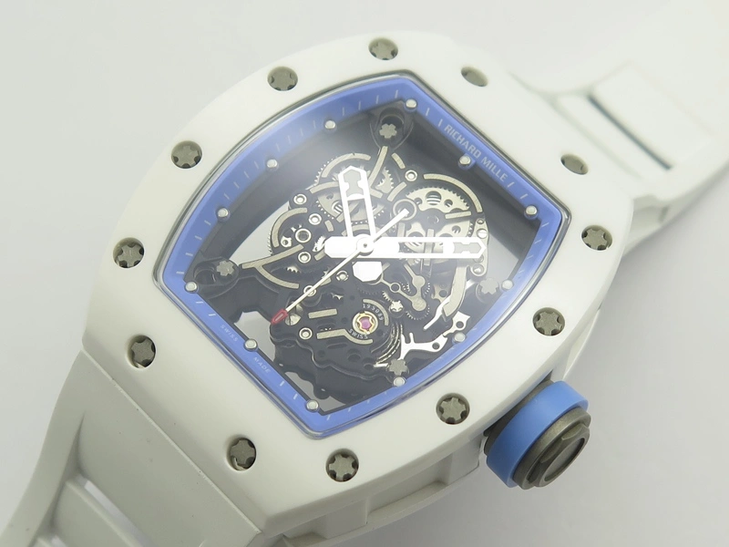RM055 Real White Ceramic Case KVF Best Edition Blue Inner Bezel Skeleton Dial Blue On White Rubber Strap MIYOTA8215 V2