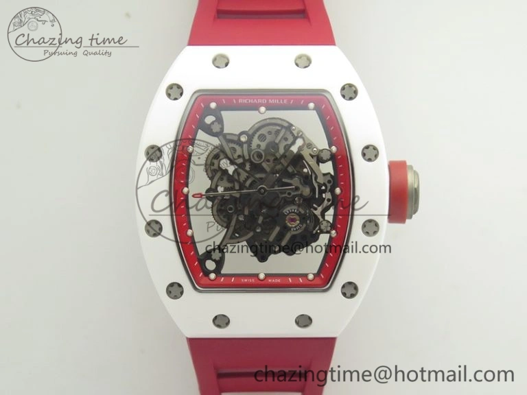 RM055 Real White Ceramic Case KVF Best Edition Red Inner Bezel Skeleton Dial Red On Red Rubber Strap MIYOTA8215 V2
