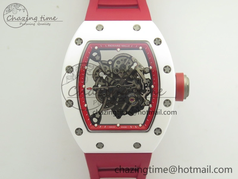 RM055 Real White Ceramic Case KVF Best Edition Red Inner Bezel Skeleton Dial Red On Red Rubber Strap MIYOTA8215 V2