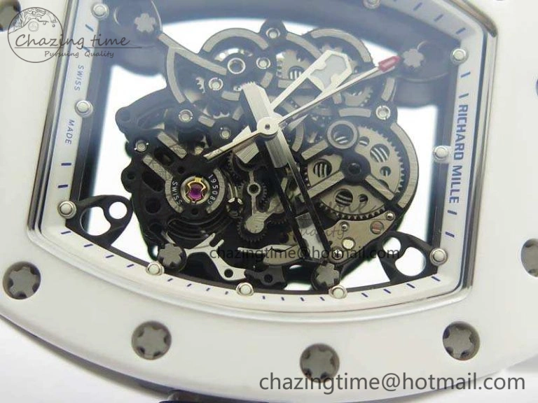 RM055 Real White Ceramic Case KVF Best Edition Skeleton Dial Blue On Rubber Strap MIYOTA8215