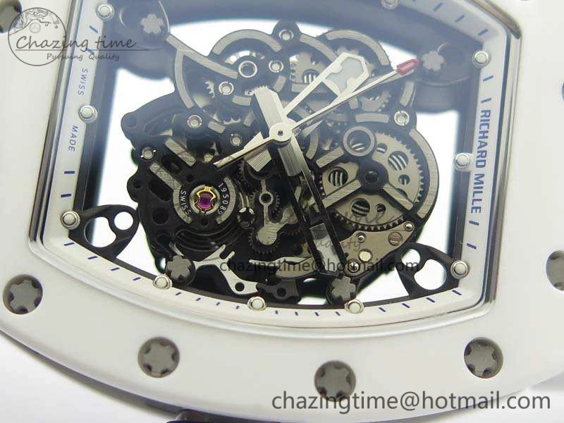 RM055 Real White Ceramic Case KVF Best Edition Skeleton Dial Blue On Rubber Strap MIYOTA8215