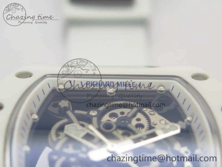 RM055 Real White Ceramic Case KVF Best Edition Skeleton Dial Blue On Rubber Strap MIYOTA8215