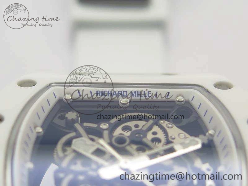 RM055 Real White Ceramic Case KVF Best Edition Skeleton Dial Blue On Rubber Strap MIYOTA8215