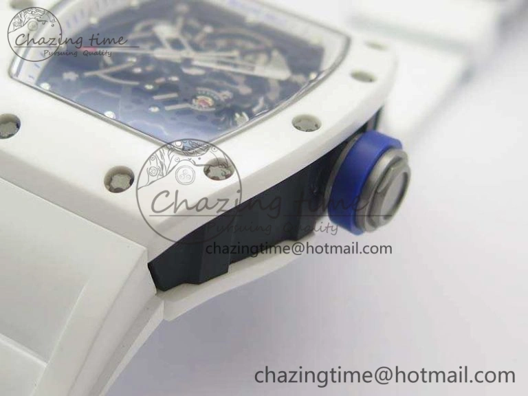 RM055 Real White Ceramic Case KVF Best Edition Skeleton Dial Blue On Rubber Strap MIYOTA8215