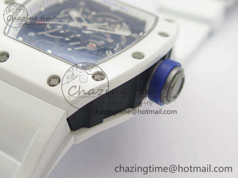RM055 Real White Ceramic Case KVF Best Edition Skeleton Dial Blue On Rubber Strap MIYOTA8215