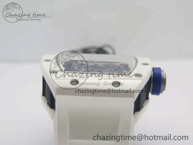 RM055 Real White Ceramic Case KVF Best Edition Skeleton Dial Blue On Rubber Strap MIYOTA8215