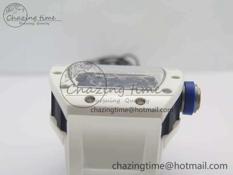 RM055 Real White Ceramic Case KVF Best Edition Skeleton Dial Blue On Rubber Strap MIYOTA8215