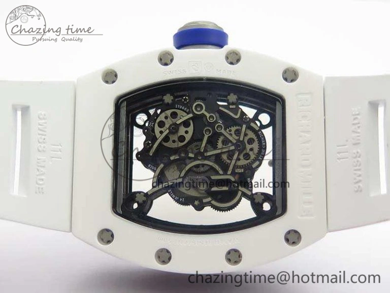 RM055 Real White Ceramic Case KVF Best Edition Skeleton Dial Blue On Rubber Strap MIYOTA8215