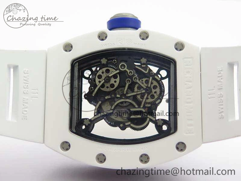 RM055 Real White Ceramic Case KVF Best Edition Skeleton Dial Blue On Rubber Strap MIYOTA8215