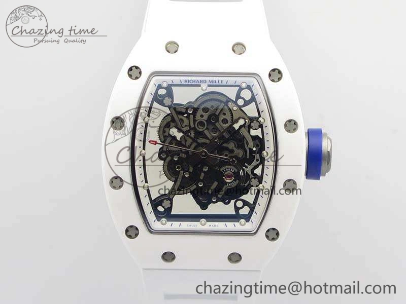 RM055 Real White Ceramic Case KVF Best Edition Skeleton Dial Blue On Rubber Strap MIYOTA8215