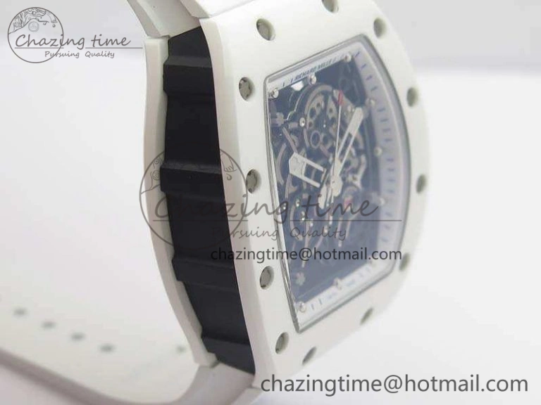 RM055 Real White Ceramic Case KVF Best Edition Skeleton Dial Blue On Rubber Strap MIYOTA8215