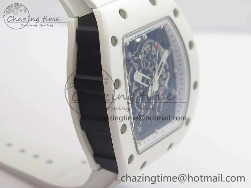 RM055 Real White Ceramic Case KVF Best Edition Skeleton Dial Blue On Rubber Strap MIYOTA8215