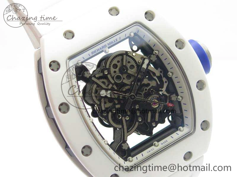 RM055 Real White Ceramic Case KVF Best Edition Skeleton Dial Blue On Rubber Strap MIYOTA8215