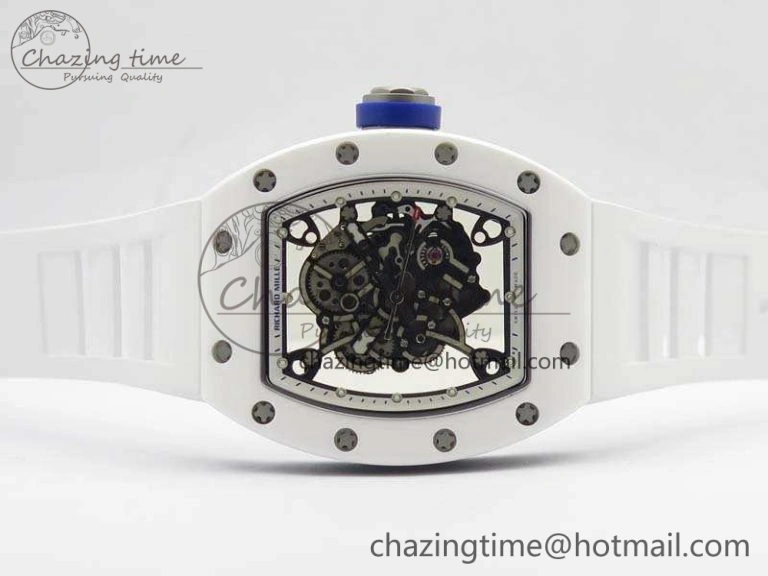 RM055 Real White Ceramic Case KVF Best Edition Skeleton Dial Blue On Rubber Strap MIYOTA8215