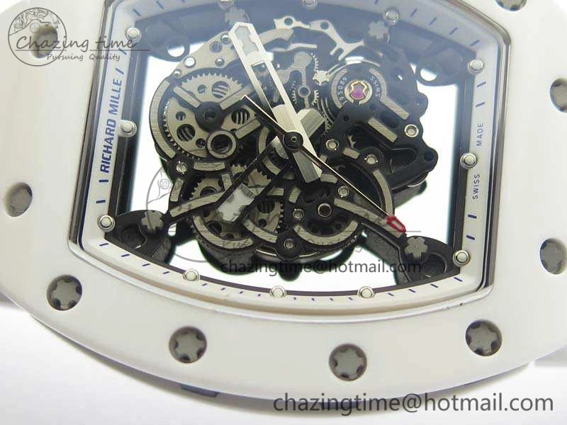 RM055 Real White Ceramic Case KVF Best Edition Skeleton Dial Blue On Rubber Strap MIYOTA8215