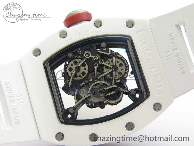 RM055 Real White Ceramic Case KVF Best Edition Skeleton Dial Red On Rubber Strap MIYOTA8215