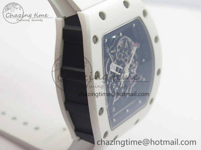 RM055 Real White Ceramic Case KVF Best Edition Skeleton Dial Red On Rubber Strap MIYOTA8215