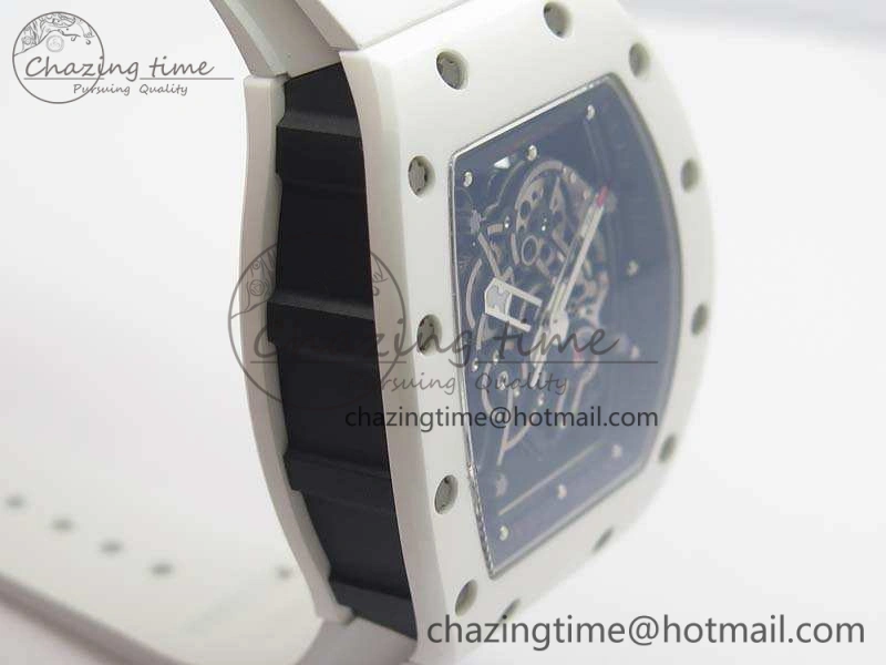 RM055 Real White Ceramic Case KVF Best Edition Skeleton Dial Red On Rubber Strap MIYOTA8215