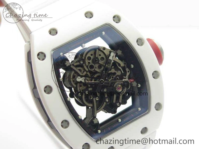 RM055 Real White Ceramic Case KVF Best Edition Skeleton Dial Red On Rubber Strap MIYOTA8215