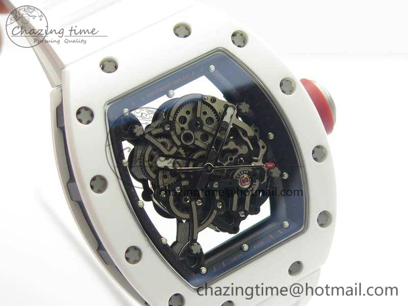RM055 Real White Ceramic Case KVF Best Edition Skeleton Dial Red On Rubber Strap MIYOTA8215