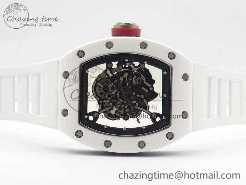 RM055 Real White Ceramic Case KVF Best Edition Skeleton Dial Red On Rubber Strap MIYOTA8215