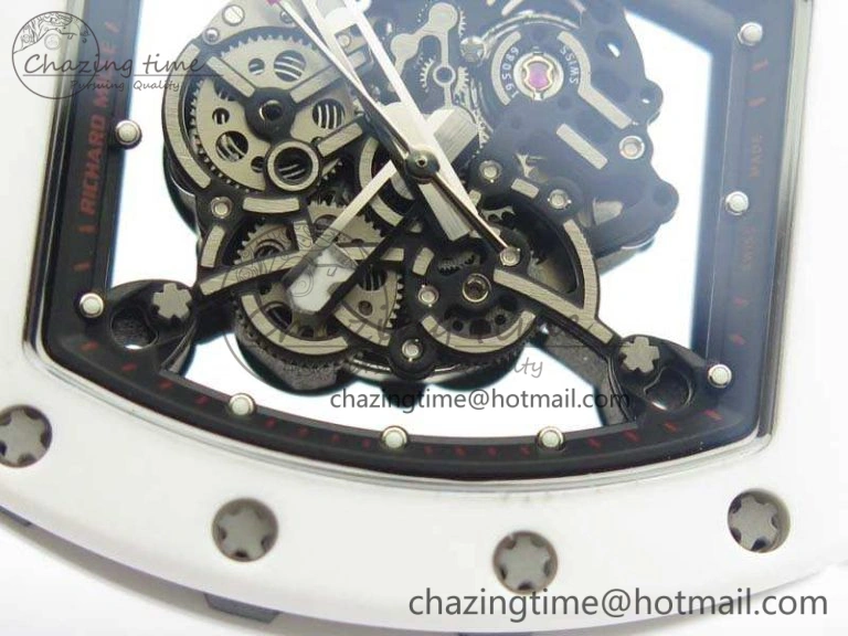 RM055 Real White Ceramic Case KVF Best Edition Skeleton Dial Red On Rubber Strap MIYOTA8215