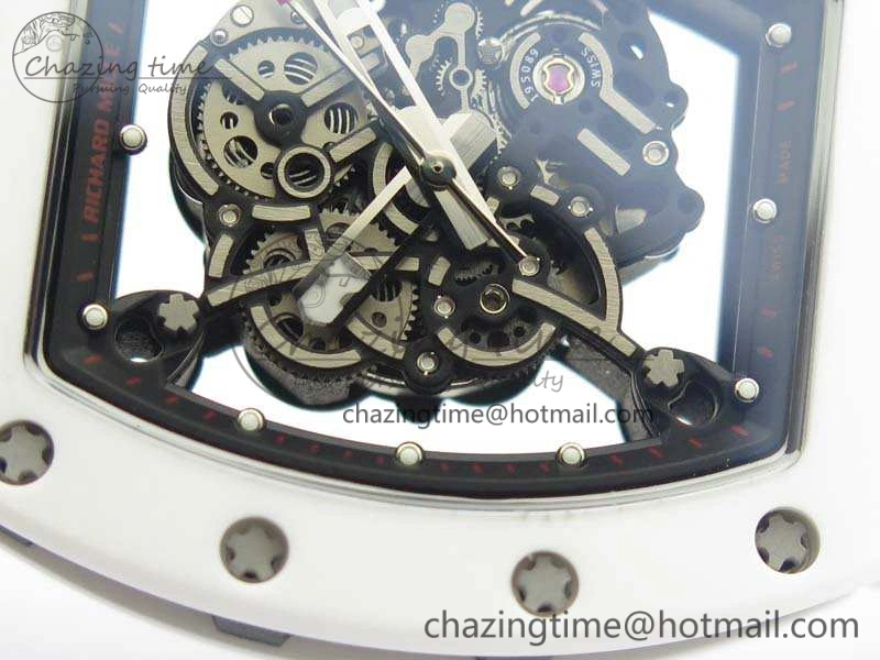 RM055 Real White Ceramic Case KVF Best Edition Skeleton Dial Red On Rubber Strap MIYOTA8215