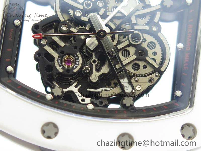 RM055 Real White Ceramic Case KVF Best Edition Skeleton Dial Red On Rubber Strap MIYOTA8215