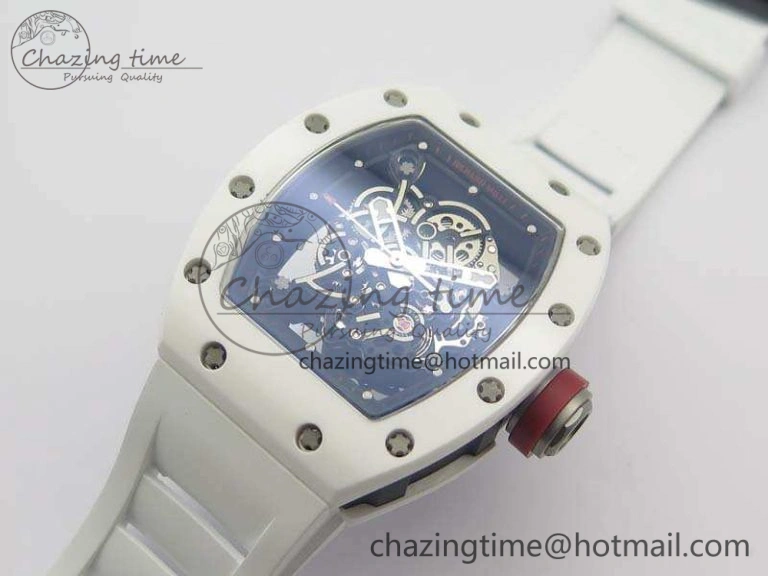 RM055 Real White Ceramic Case KVF Best Edition Skeleton Dial Red On Rubber Strap MIYOTA8215