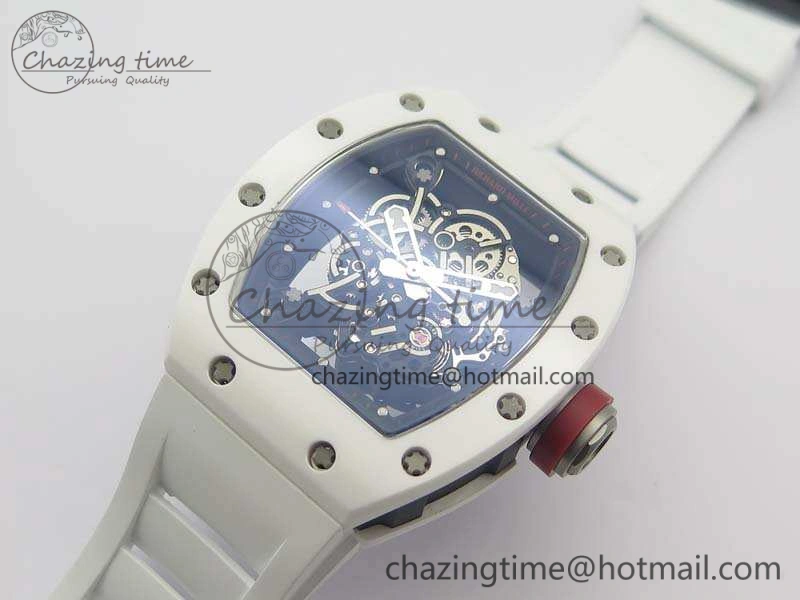 RM055 Real White Ceramic Case KVF Best Edition Skeleton Dial Red On Rubber Strap MIYOTA8215