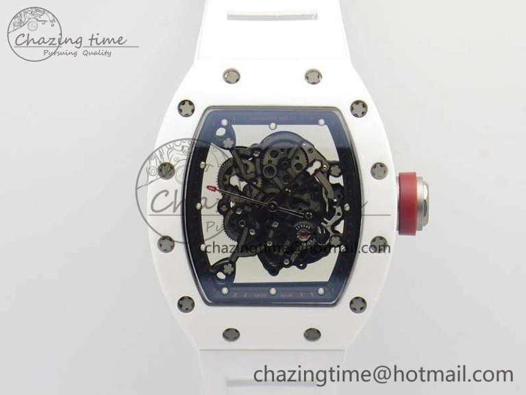 RM055 Real White Ceramic Case KVF Best Edition Skeleton Dial Red On Rubber Strap MIYOTA8215