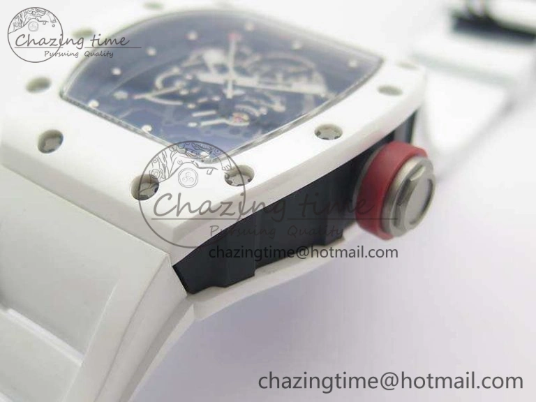 RM055 Real White Ceramic Case KVF Best Edition Skeleton Dial Red On Rubber Strap MIYOTA8215