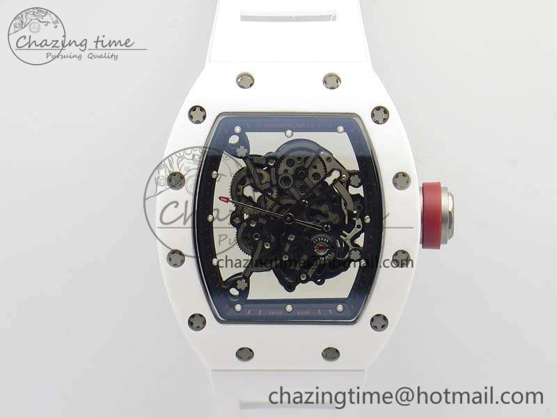 RM055 Real White Ceramic Case KVF Best Edition Skeleton Dial Red On Rubber Strap MIYOTA8215
