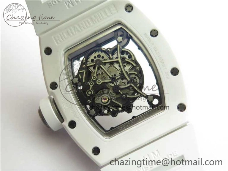 RM055 Ti White Ceramic ZF 1:1 Best Edition Skeleton Dial on White Rubber Strap NH05A