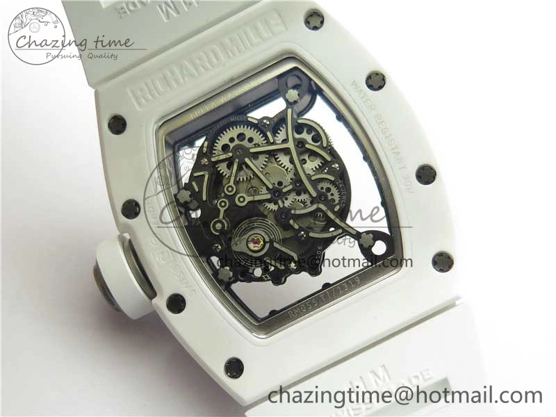 RM055 Ti White Ceramic ZF 1:1 Best Edition Skeleton Dial on White Rubber Strap NH05A