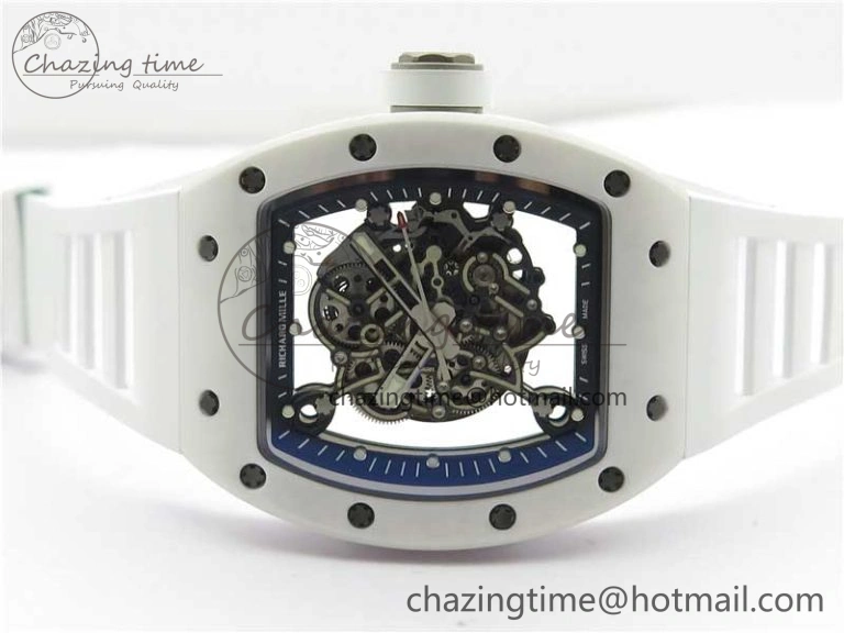 RM055 Ti White Ceramic ZF 1:1 Best Edition Skeleton Dial on White Rubber Strap NH05A