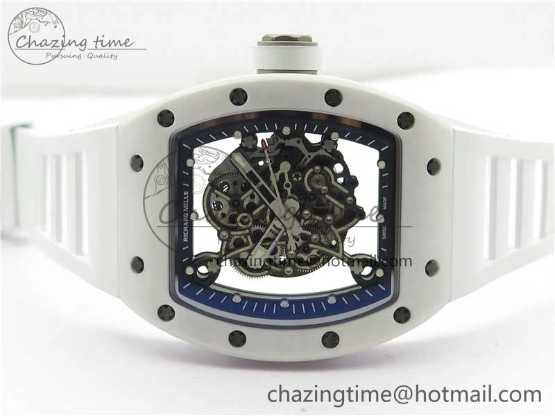 RM055 Ti White Ceramic ZF 1:1 Best Edition Skeleton Dial on White Rubber Strap NH05A
