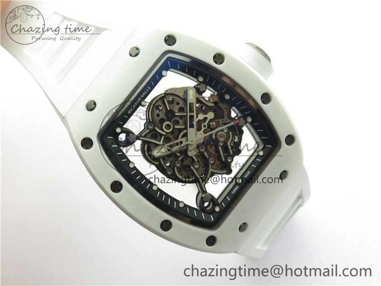 RM055 Ti White Ceramic ZF 1:1 Best Edition Skeleton Dial on White Rubber Strap NH05A