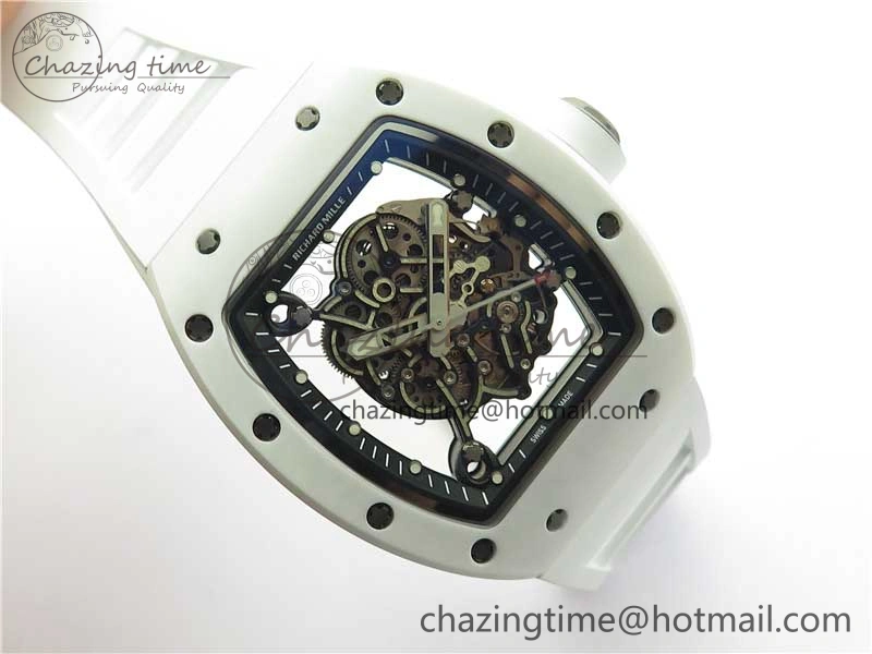 RM055 Ti White Ceramic ZF 1:1 Best Edition Skeleton Dial on White Rubber Strap NH05A