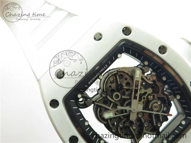 RM055 Ti White Ceramic ZF 1:1 Best Edition Skeleton Dial on White Rubber Strap NH05A