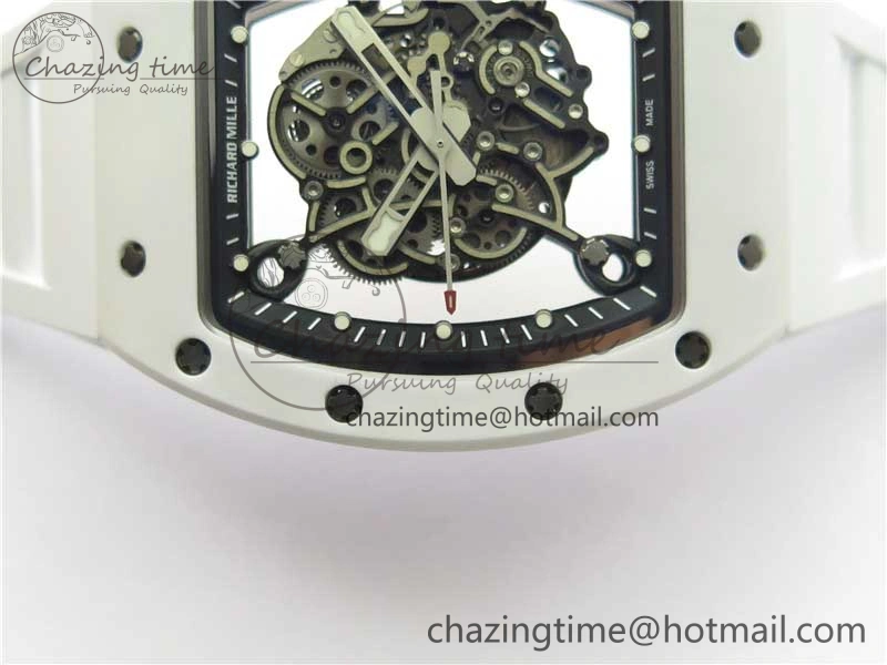 RM055 Ti White Ceramic ZF 1:1 Best Edition Skeleton Dial on White Rubber Strap NH05A