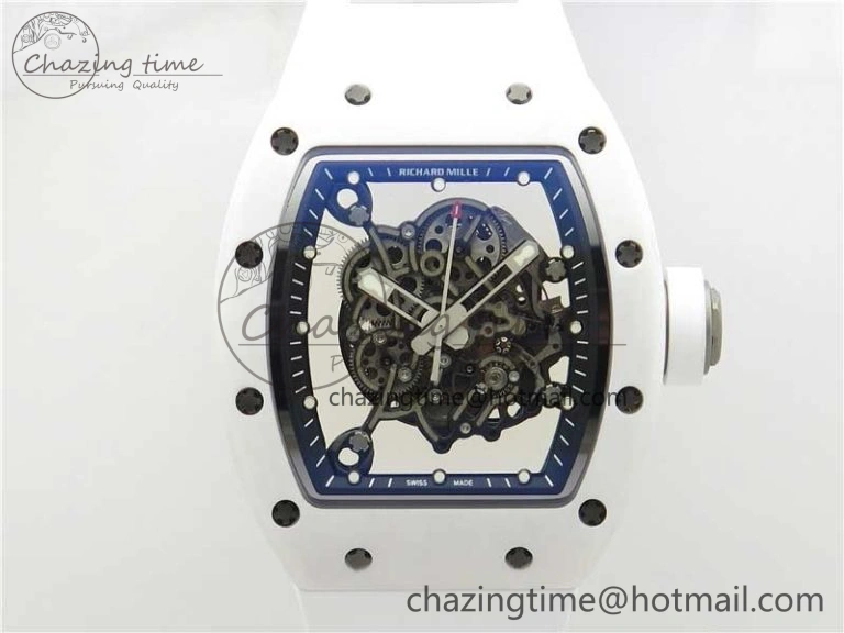 RM055 Ti White Ceramic ZF 1:1 Best Edition Skeleton Dial on White Rubber Strap NH05A