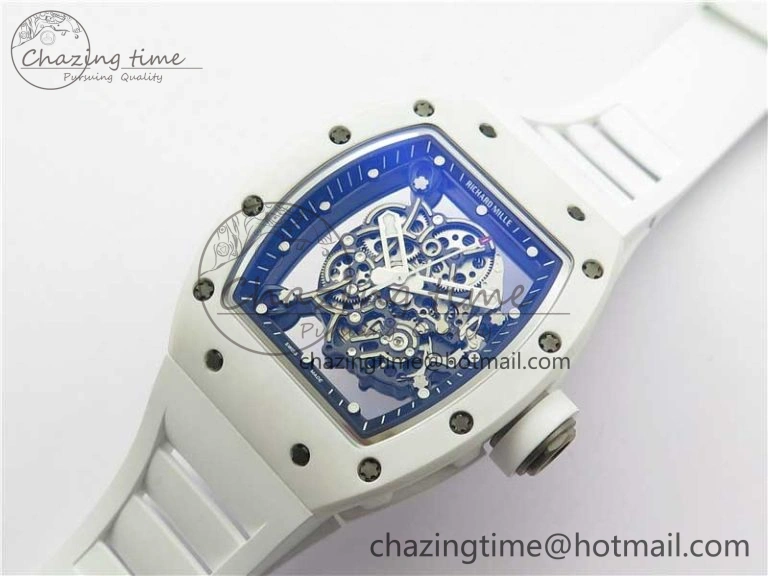 RM055 Ti White Ceramic ZF 1:1 Best Edition Skeleton Dial on White Rubber Strap NH05A