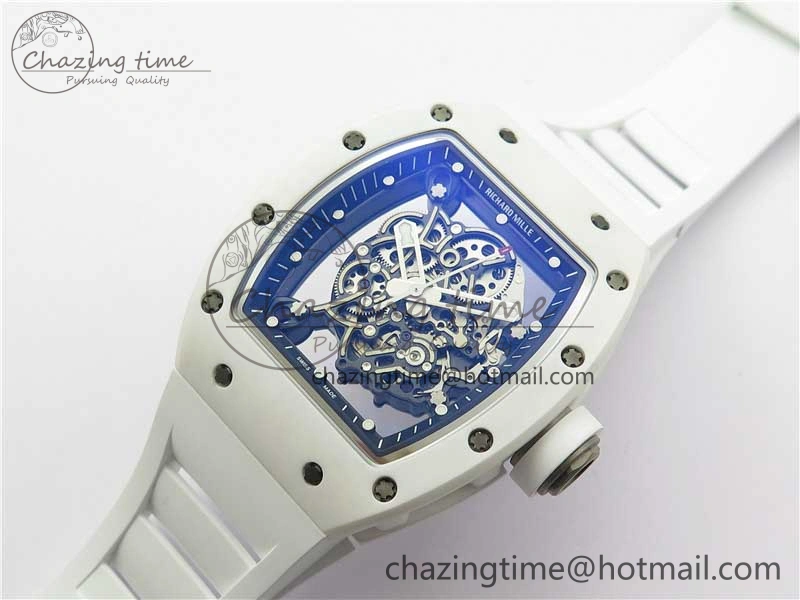 RM055 Ti White Ceramic ZF 1:1 Best Edition Skeleton Dial on White Rubber Strap NH05A