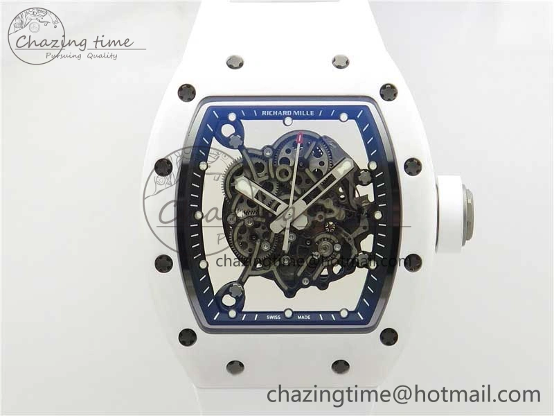 RM055 Ti White Ceramic ZF 1:1 Best Edition Skeleton Dial on White Rubber Strap NH05A
