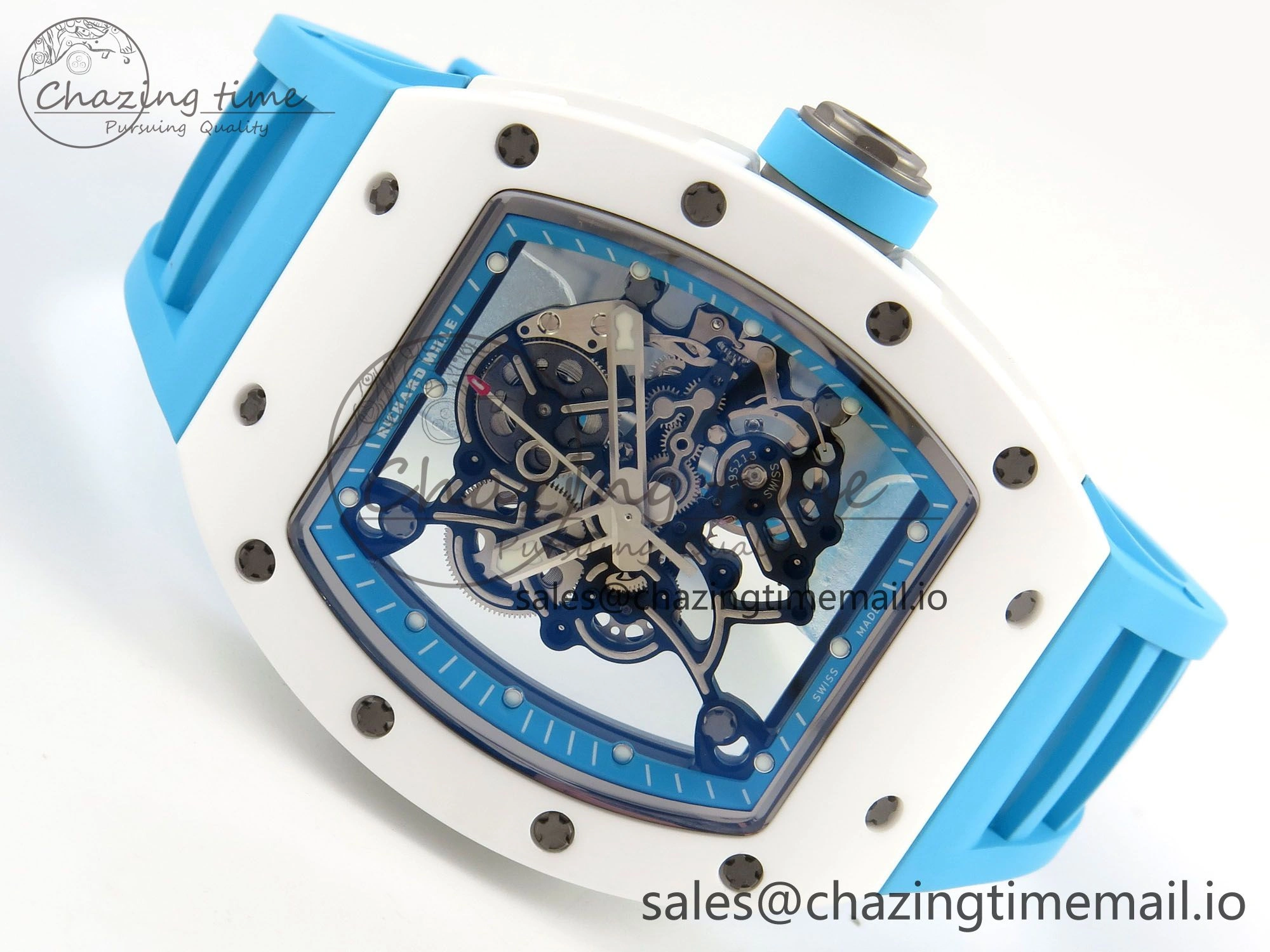 RM055 White Ceramic APSF 1:1 Best Edition Blue Inner Bezel on Blue Rubber Strap RMUL2 Super Clone