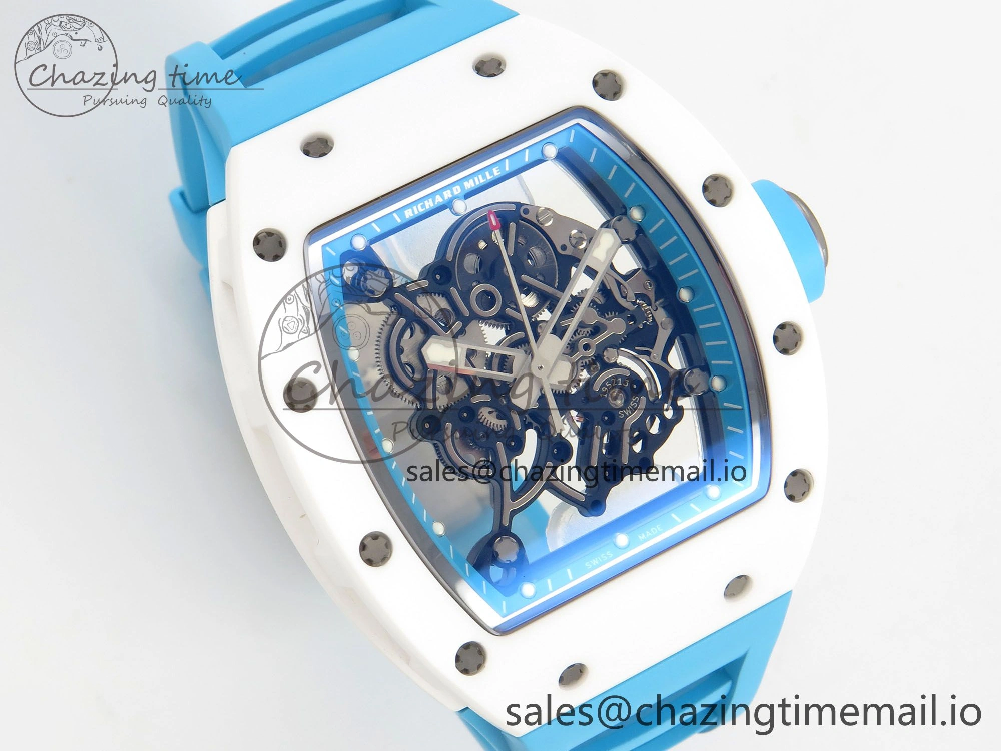 RM055 White Ceramic APSF 1:1 Best Edition Blue Inner Bezel on Blue Rubber Strap RMUL2 Super Clone
