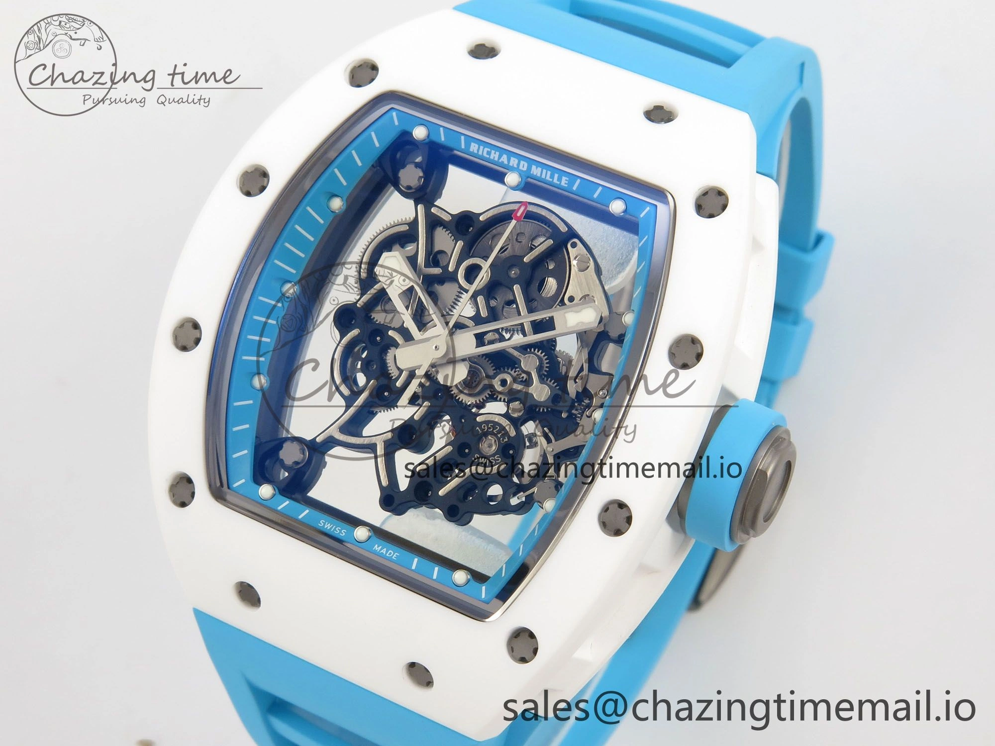 RM055 White Ceramic APSF 1:1 Best Edition Blue Inner Bezel on Blue Rubber Strap RMUL2 Super Clone