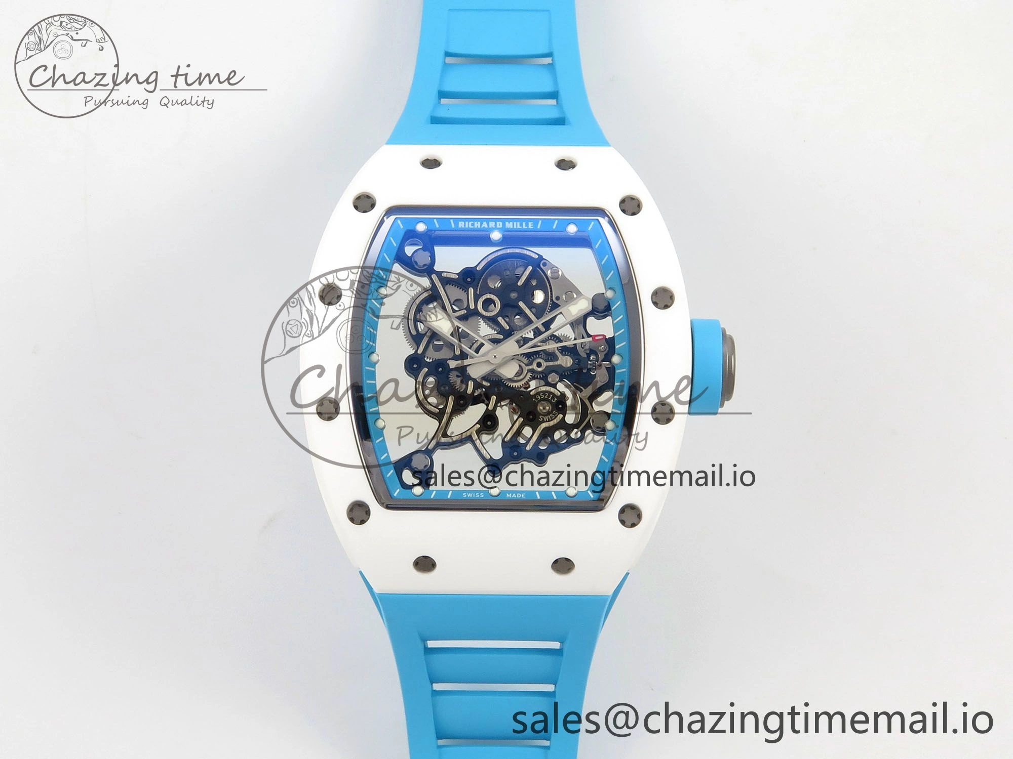 RM055 White Ceramic APSF 1:1 Best Edition Blue Inner Bezel on Blue Rubber Strap RMUL2 Super Clone