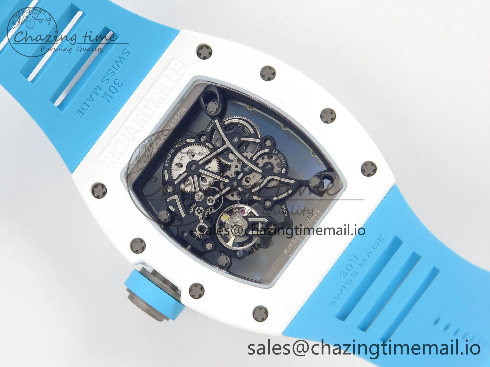 RM055 White Ceramic APSF 1:1 Best Edition Blue Inner Bezel on Blue Rubber Strap RMUL2 Super Clone